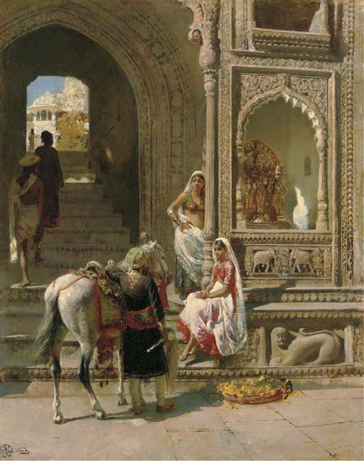 Une réunion à l'entrée d'un temple à Mathura - Edwin Lord Weeks