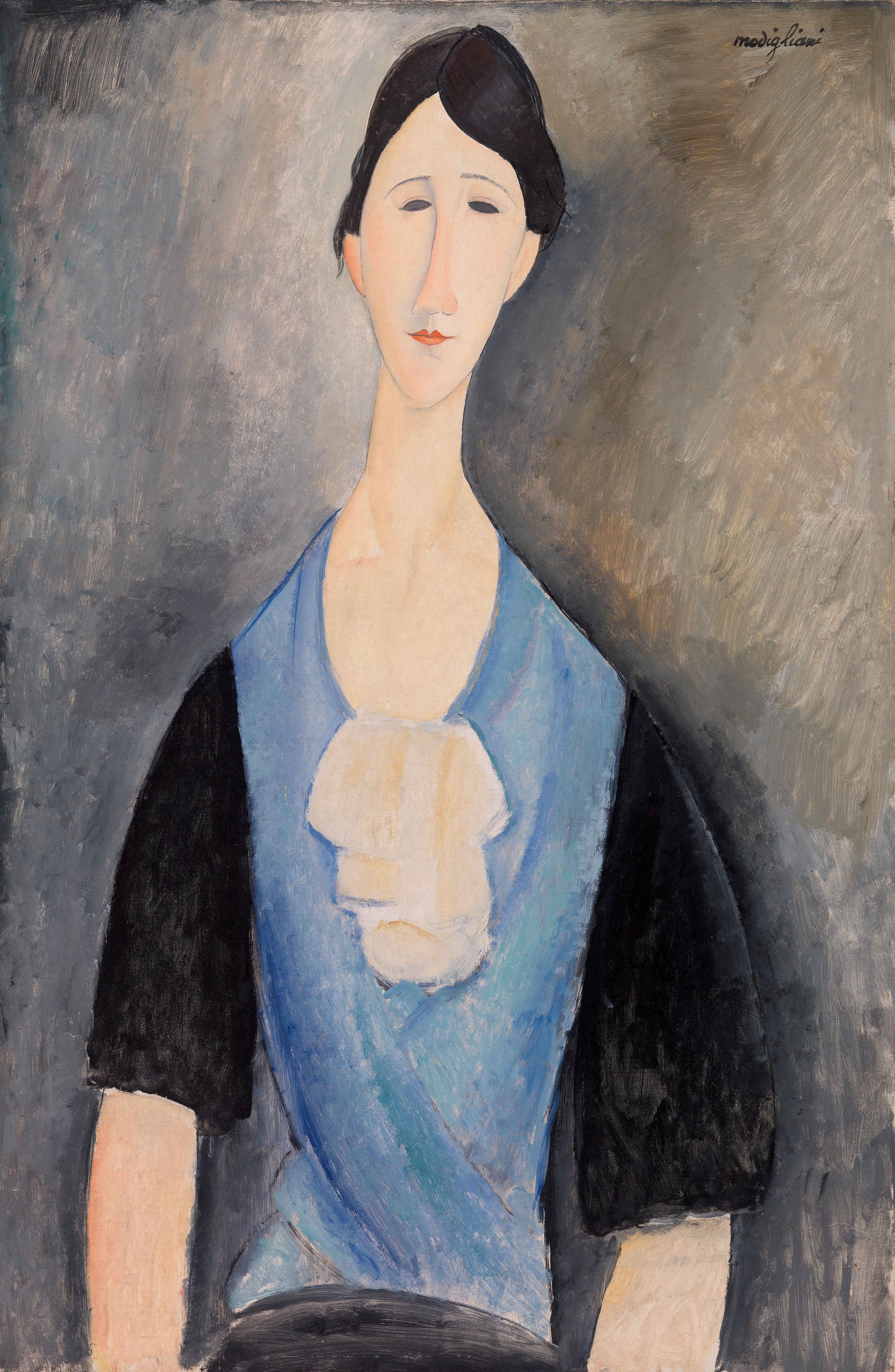 Reproduction du tableau « Jeune femme en bleu (Giovane donna in azzurro) - Amedeo Modigliani » par Alpha Reproduction en peinture à l’huile