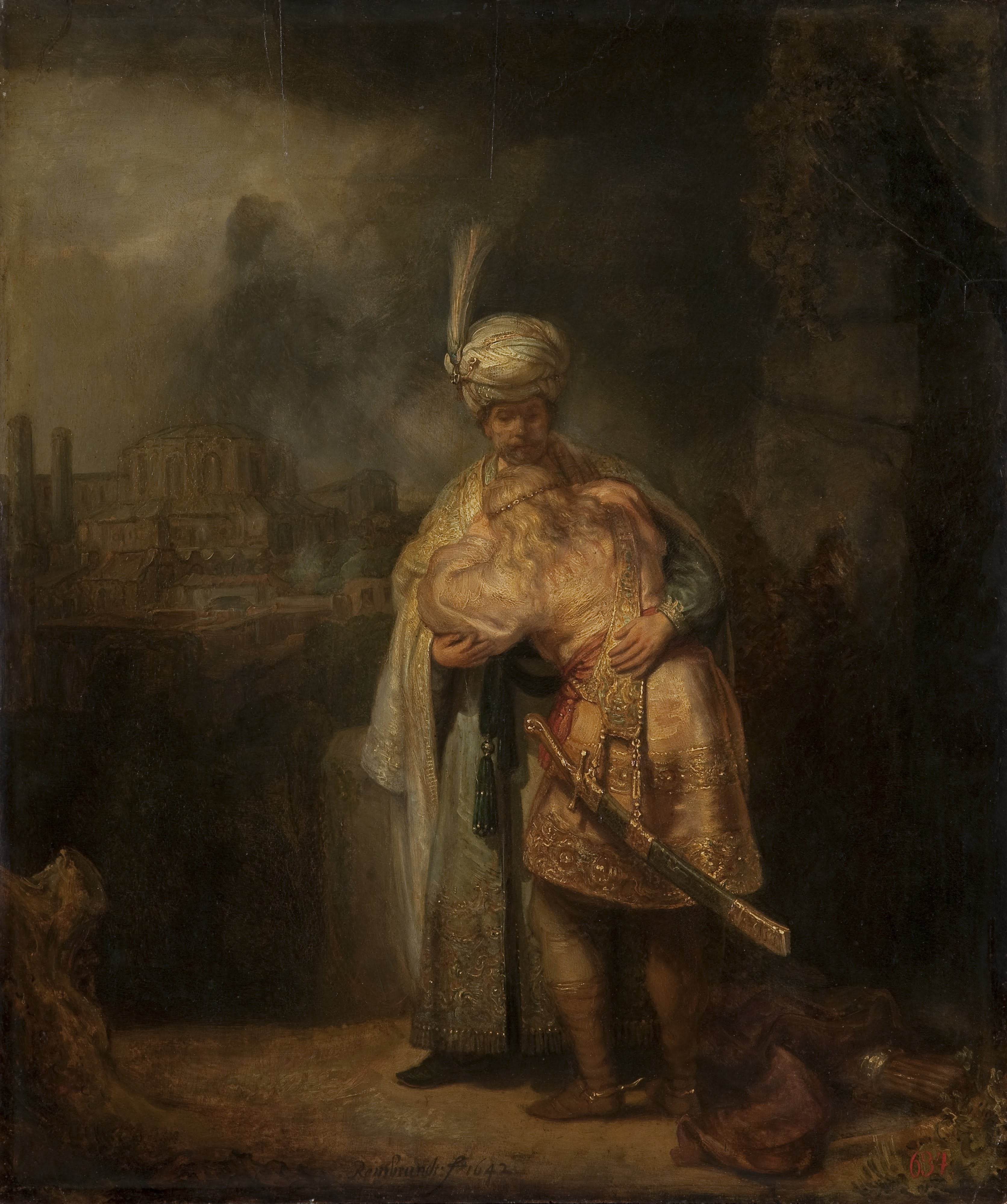 Reproduction du tableau « La Séparation de David et Jonathan - Rembrandt » par Alpha Reproduction en peinture à l’huile