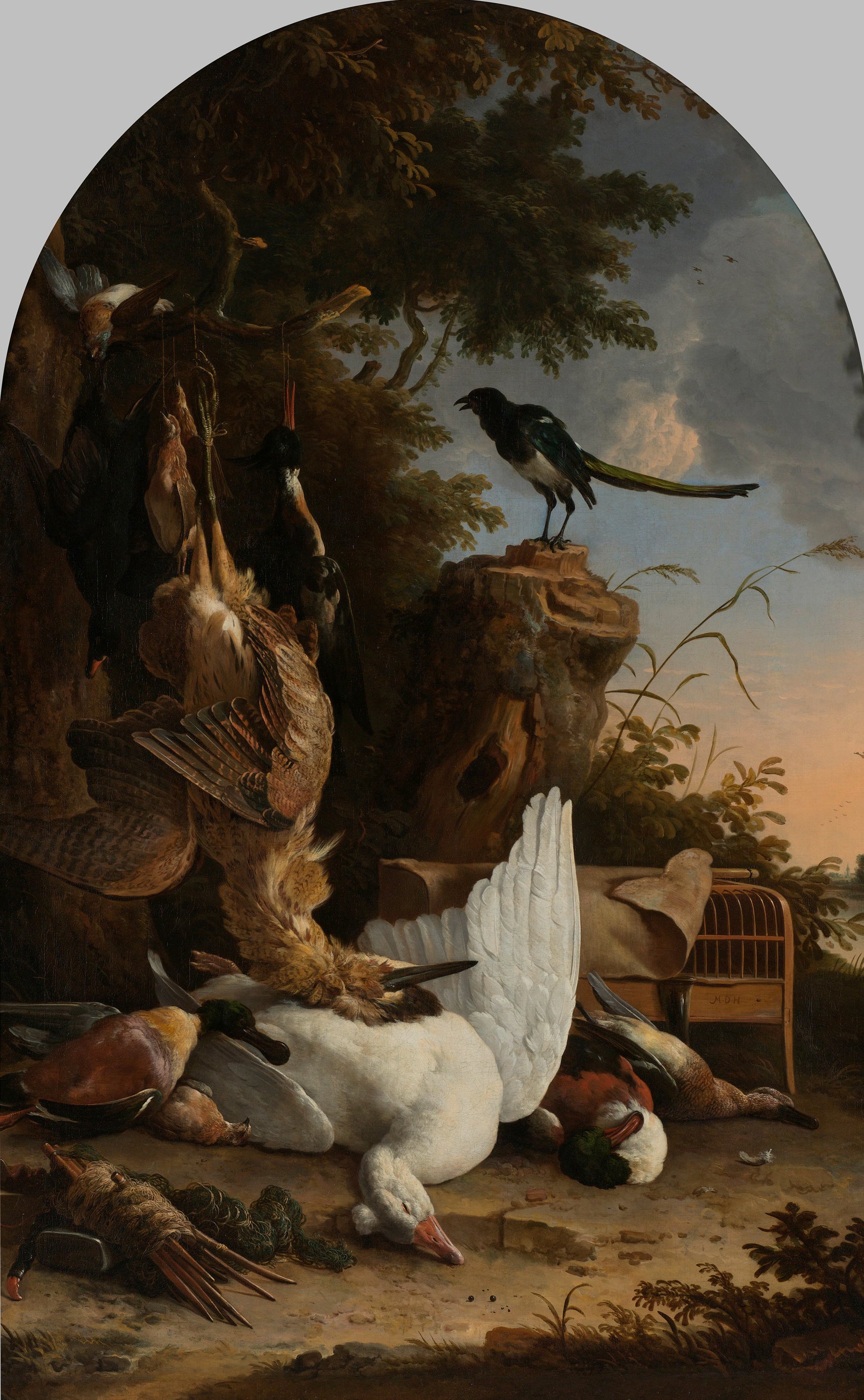 Un sac de chasseur près d'une souche d'arbre avec une pie, connue sous le nom de « la pie contemplative » - Melchior de Hondecoeter