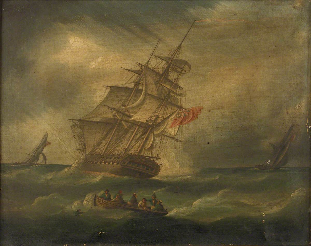 Une frégate et un cotre naval poursuivant un cotre français, avec un bateau récupérant un homme à la mer - James E. Buttersworth