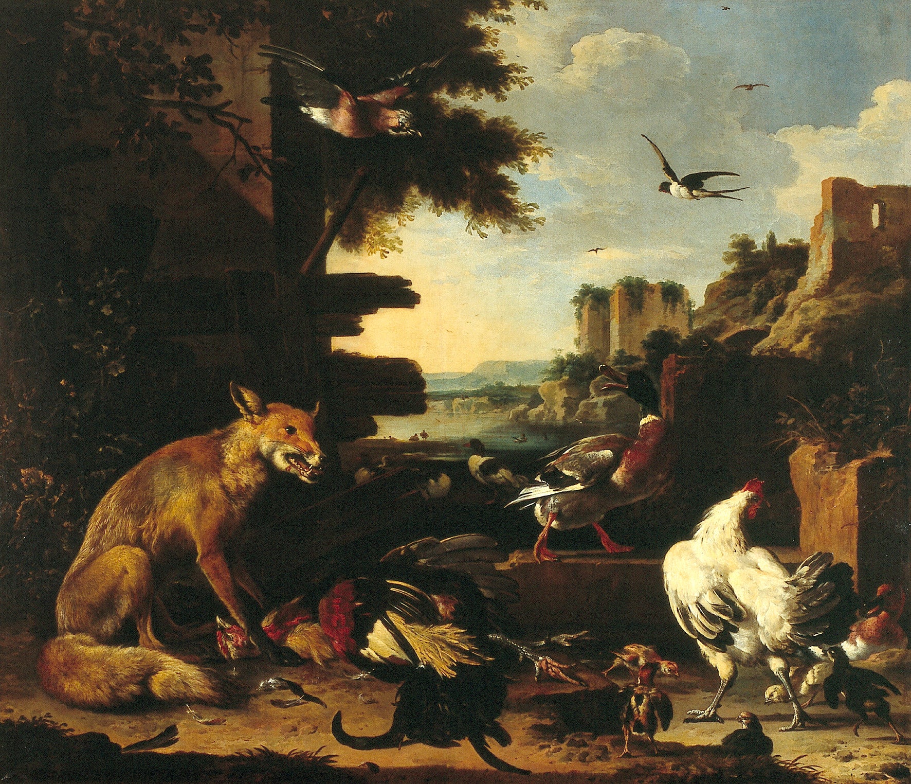 Renard avec coq et volaille morts dans un paysage de parc - Melchior de Hondecoeter