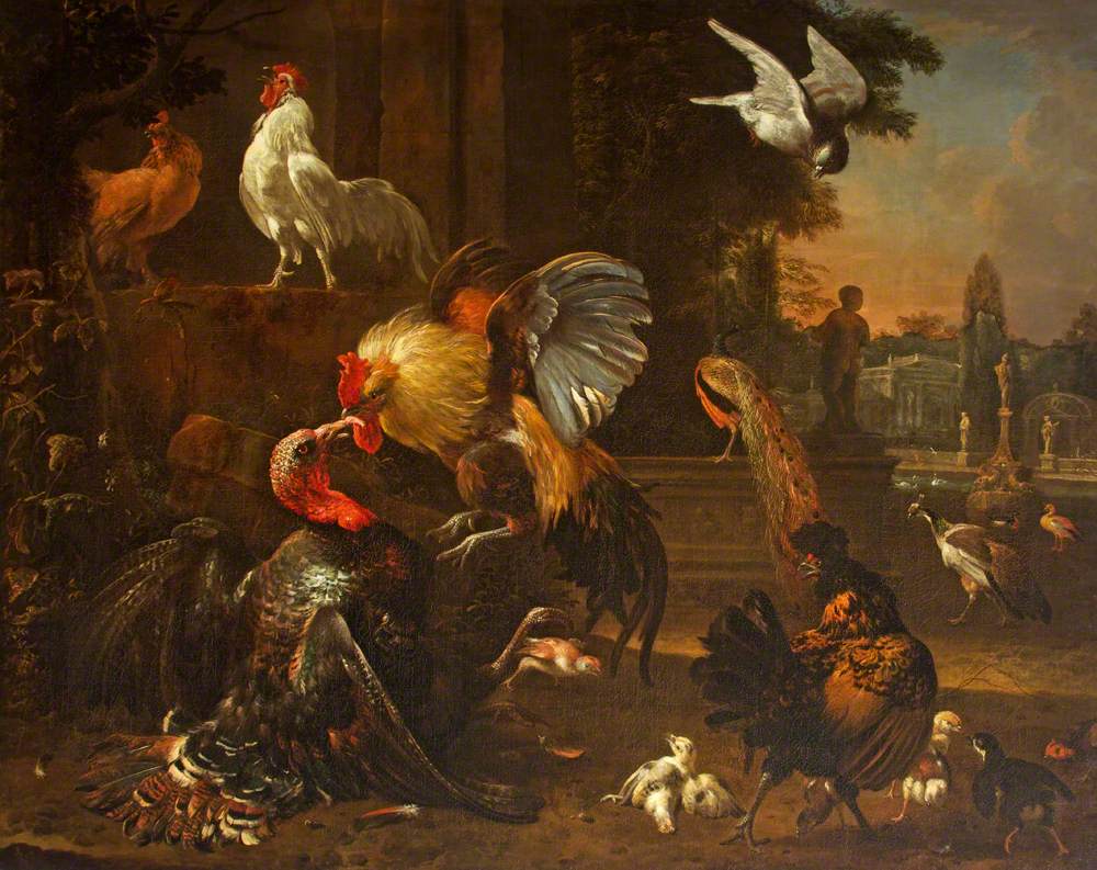 Un coq et une dinde se battent, dans un parc, avec d'autres volailles - Melchior de Hondecoeter