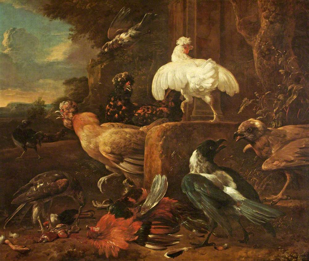 Volaille attaquée par des oiseaux prédateurs dans un paysage - Melchior de Hondecoeter