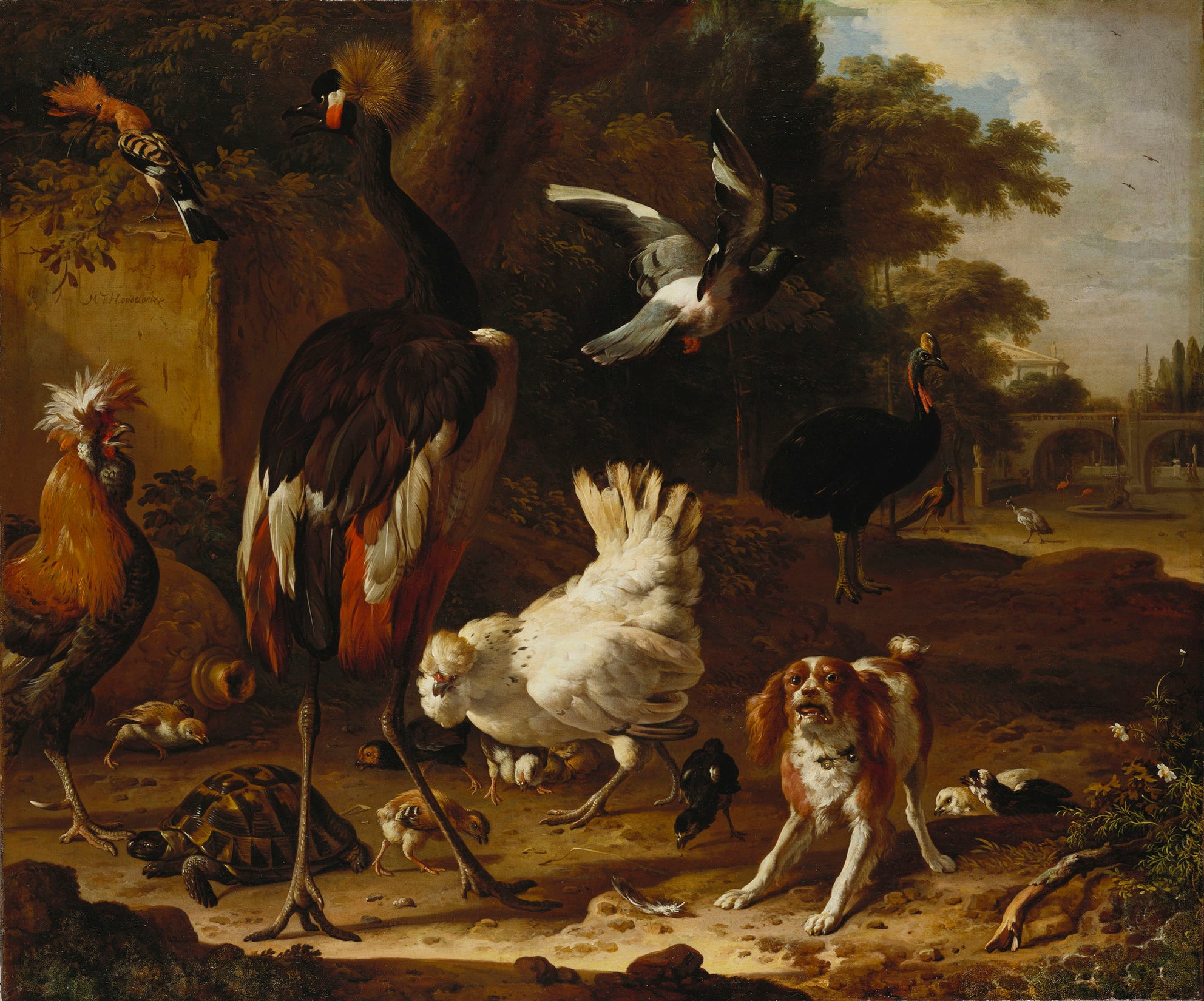 Oiseaux et épagneul dans un jardin - Melchior de Hondecoeter