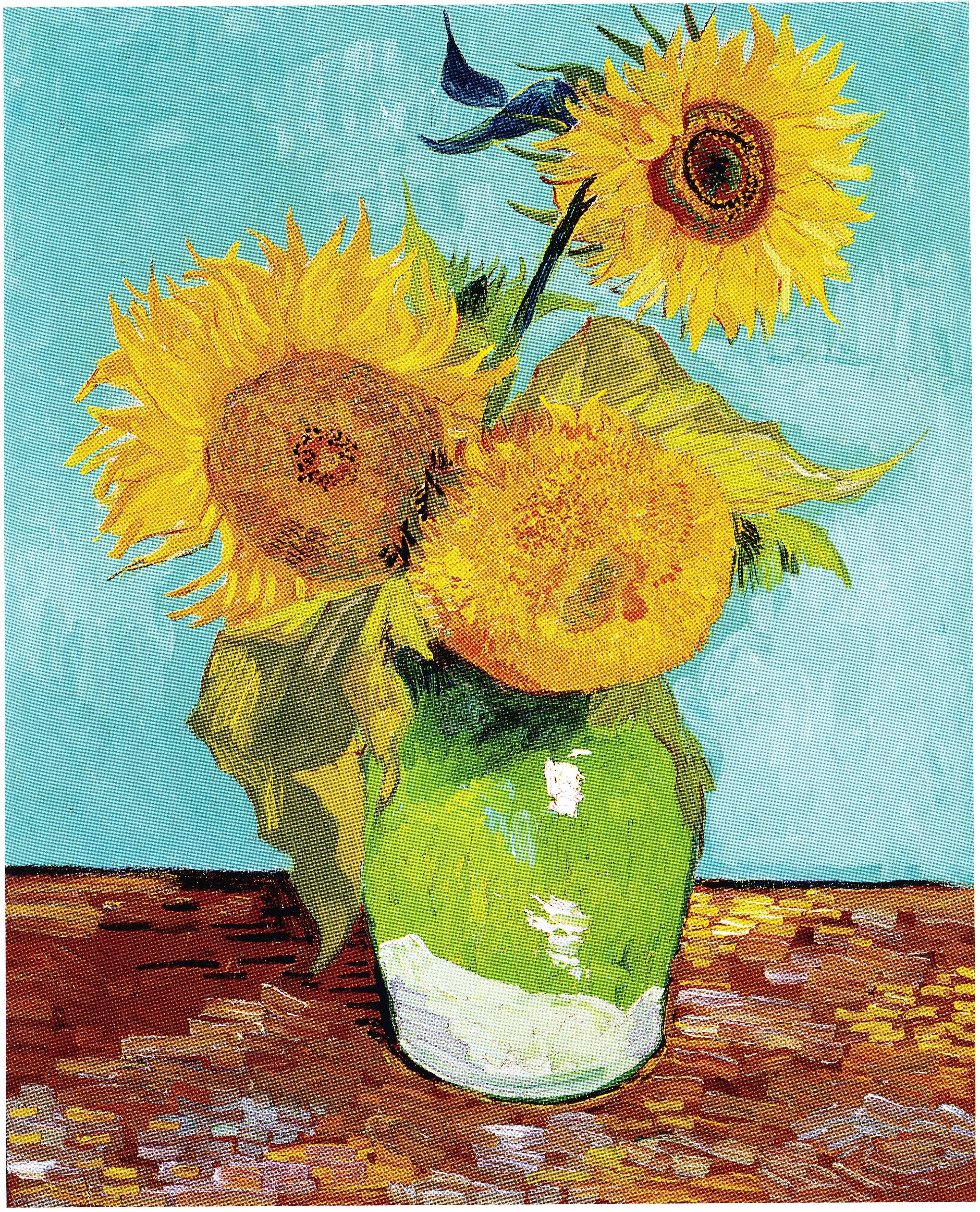 Reproduction du tableau « Trois tournesols dans un vase - Vincent van Gogh » par Alpha Reproduction en peinture à l’huile