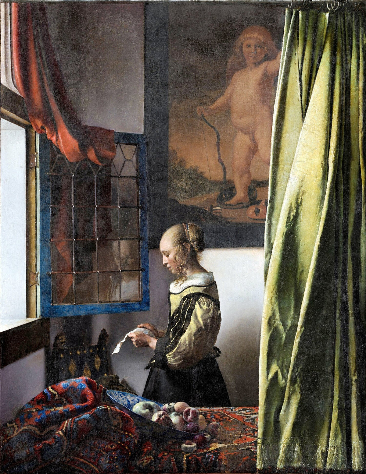 Jeune Fille lisant une lettre à la fenêtre de Vermeer après restauration, avec le Cupidon révélé