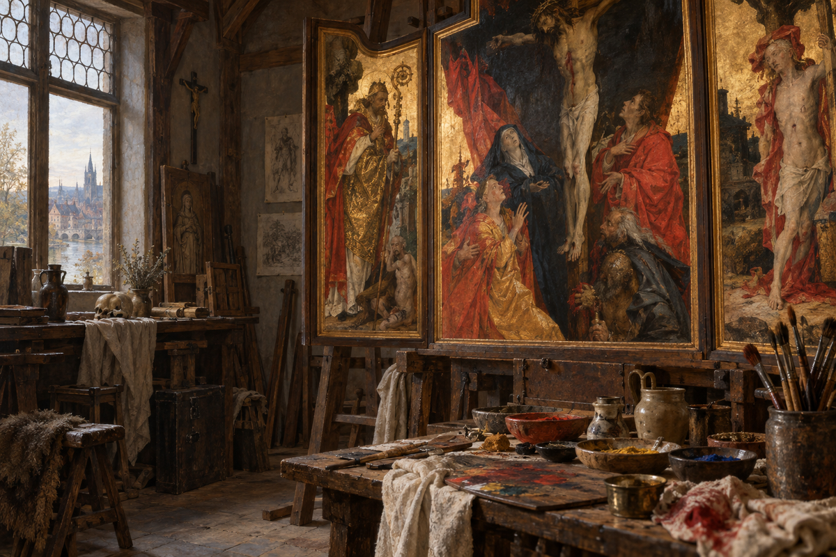 Illustration créée pour cet article : un atelier imaginaire de peinture de retables au XVIe siècle