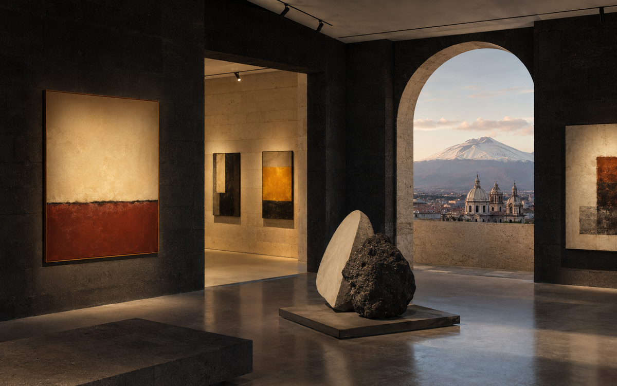 Galerie d’art contemporaine à Catane avec vue sur l’Etna et les coupoles baroques