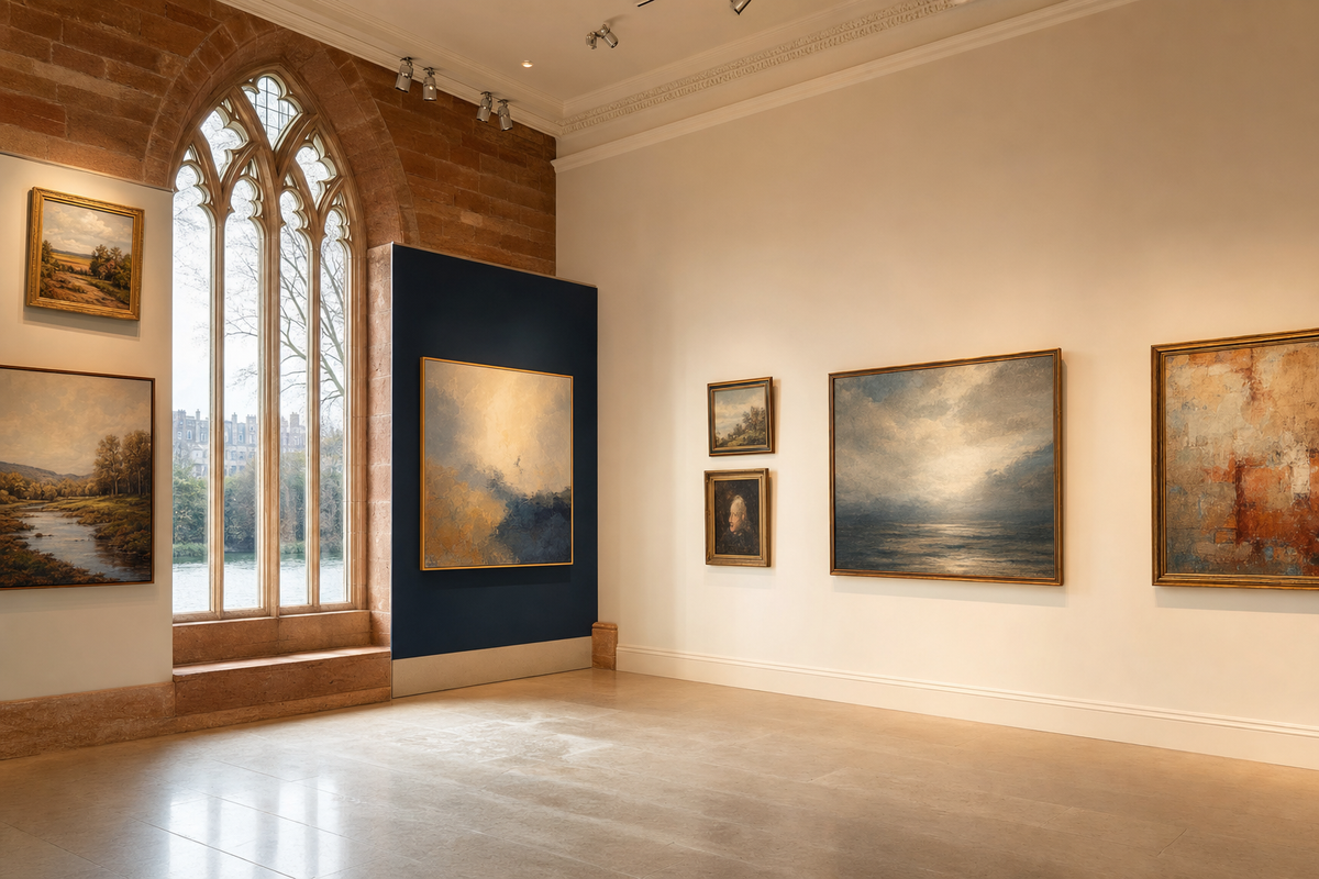 Galeries d’art à Exeter, intérieur de galerie en pierre rouge et peintures contemporaines