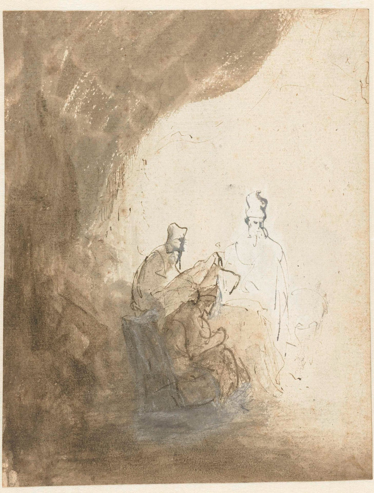 Les Trois Scribes, dessin à l’encre et au lavis de Rembrandt