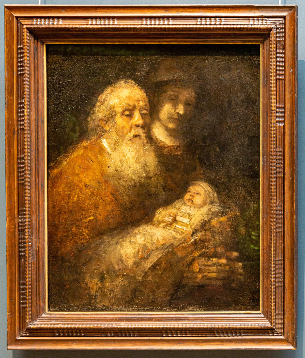 Siméon tenant l’Enfant Jésus dans le dernier tableau inachevé de Rembrandt, vers 1669