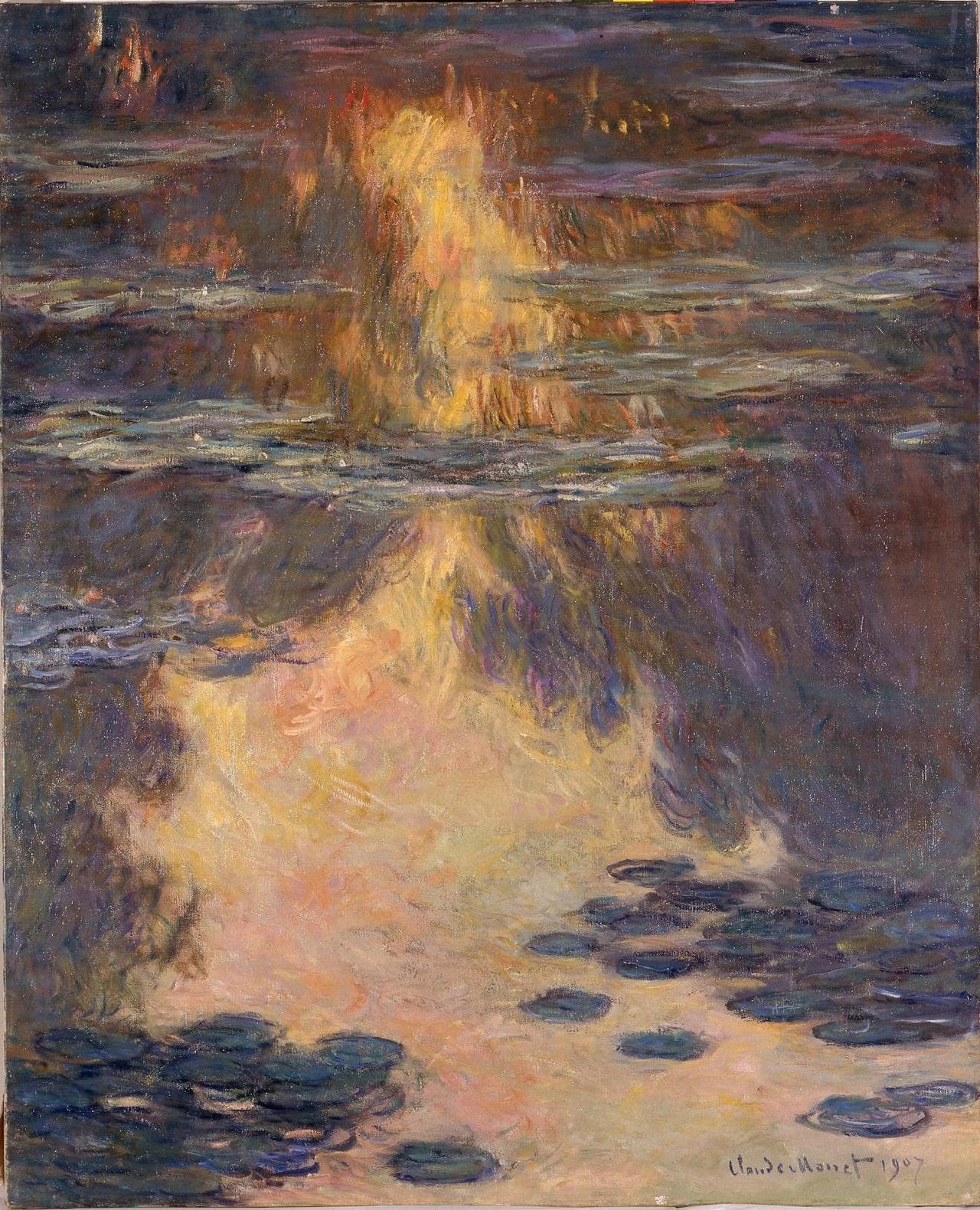 🔥 ดอกบัวในแสงอาทิตย์ยามเย็น – Claude Monet (1907)