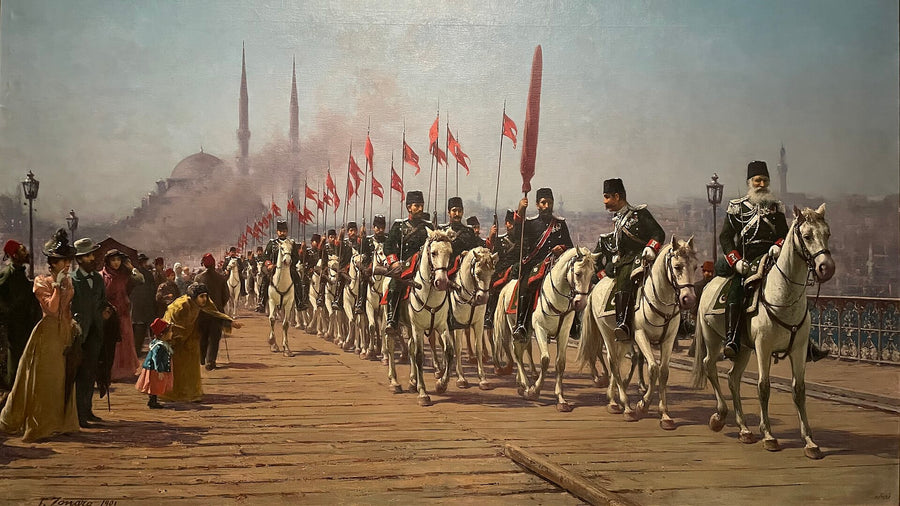 Le Régiment de cavalerie Ertuğrul franchissant le pont de Galata — Fausto Zonaro, vers 1901, huile sur toile