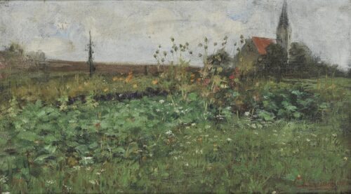 Église dans un champ fleuri en Bavière, Georgios Iakovidis, ca 1880 - 1890, Oil on canvas