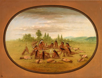 Un groupe de combattants à pied au Conseil - Mandan - George Catlin