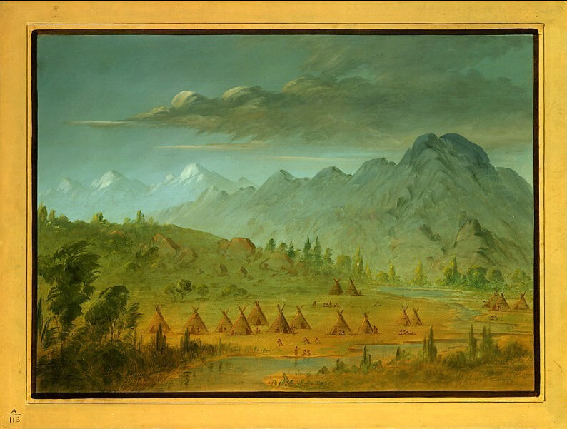 Un village corbeau et les montagnes de la rivière Salmon - George Catlin