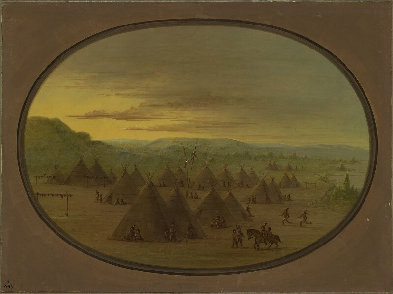 Un village de corbeaux fait de tentes en peau sur la rivière Salmon - George Catlin