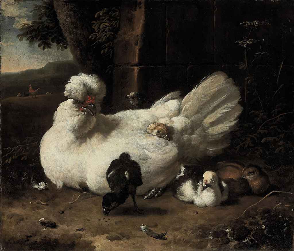 Une poule avec des poussins dans un paysage - Melchior de Hondecoeter