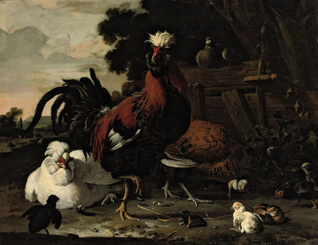 Un coq, des poules, des poussins et un pigeon près d'une palissade de bois dans un paysage - Melchior de Hondecoeter