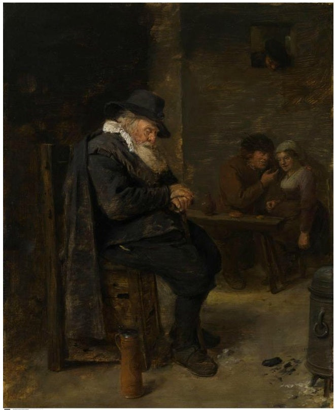 Intérieur d'une auberge avec un vieil homme endormi et un couple amoureux - Adriaen Brouwer