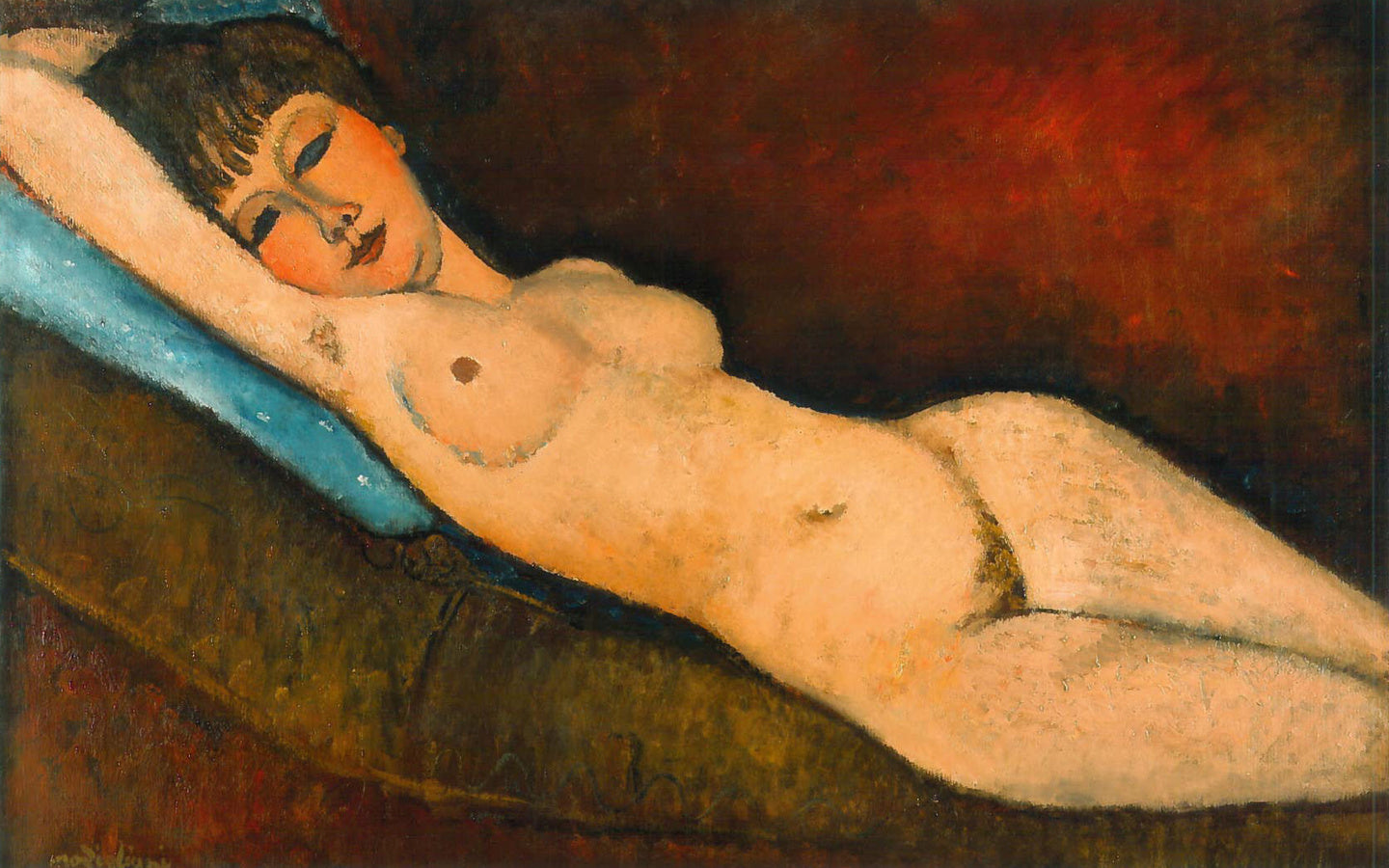 Reproduction du tableau « Nu couché au coussin bleu - Amedeo Modigliani » par Alpha Reproduction en peinture à l’huile