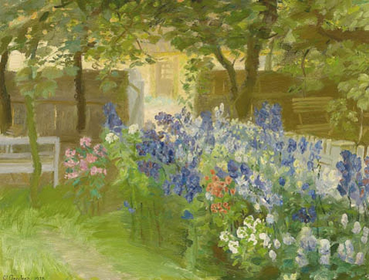 Fleurs dans le jardin de Brøndum vue vers ’Rullestuen’. - Anna Ancher - Alpha Reproduction