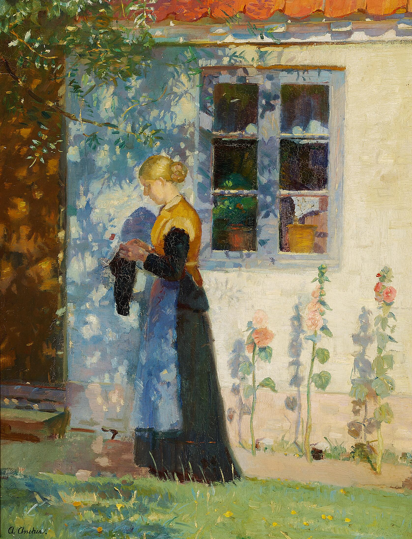 Une jeune femme debout devant une maison à Skagen. - Anna Ancher - Alpha Reproduction