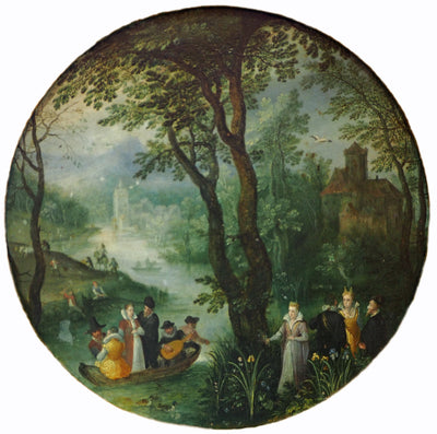 Paysage fluvial avec un groupe noble en bateau : allégorie du printemps - Jan Brueghel l'Ancien