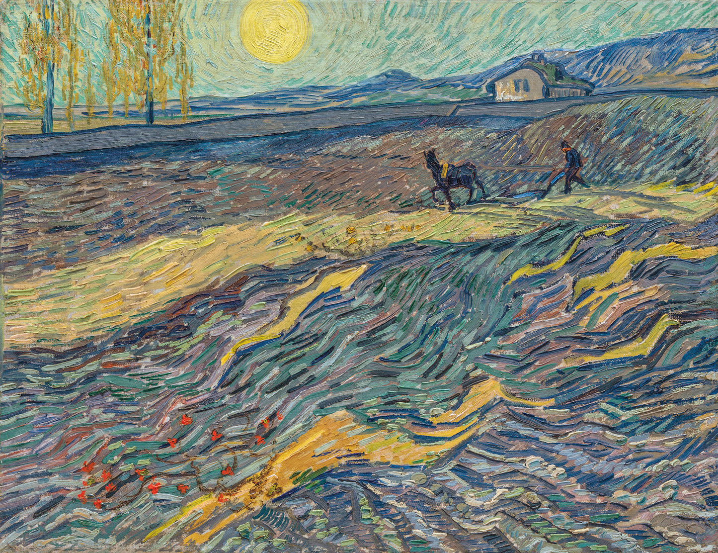 🌾 ทุ่งนาพร้อมชาวนาไถนาและกังหันลม – Vincent van Gogh (1889)