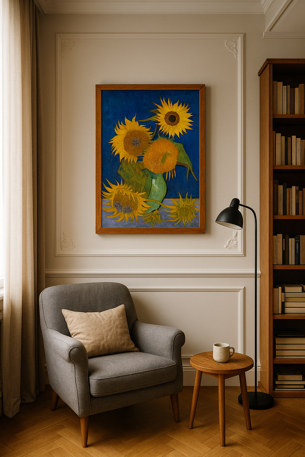 🌻 ทานตะวัน (พื้นหลังสีน้ำเงินราชา) – Vincent van Gogh (1888)