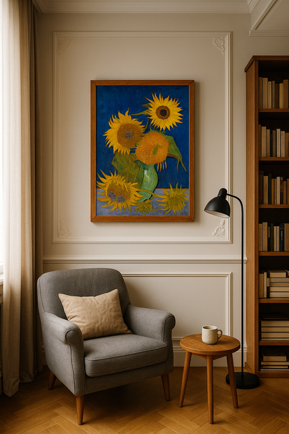 🌻 ทานตะวัน (พื้นหลังสีน้ำเงินราชา) – Vincent van Gogh (1888)