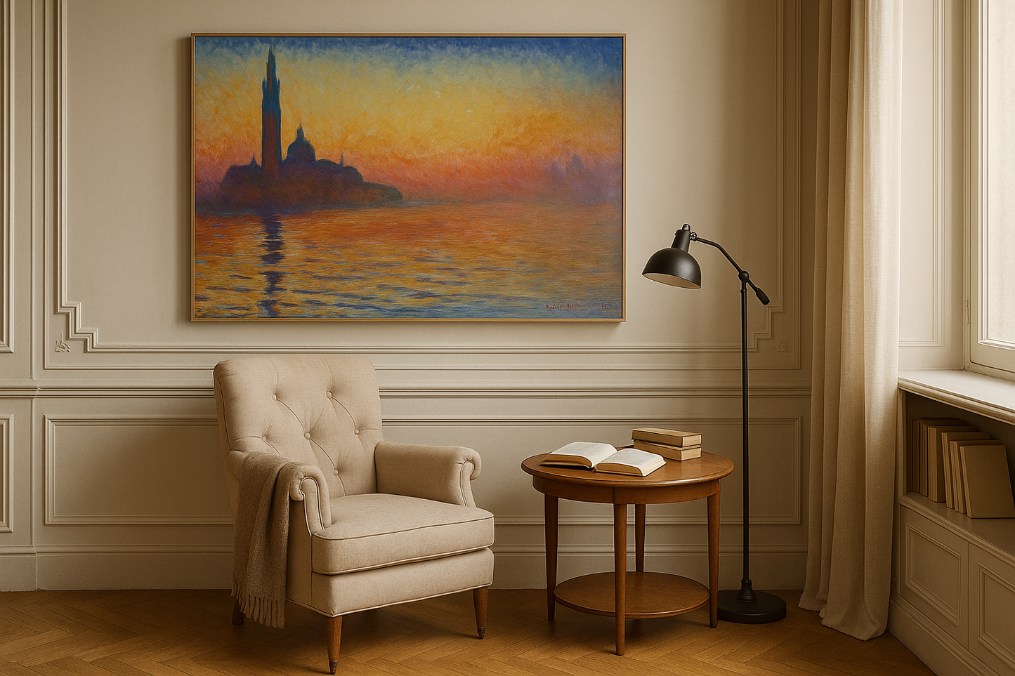 Reproduction peinte à la main de Saint-Georges Majeur au Crépuscule de Claude Monet dans un intérieur élégant, lumière tamisée et ambiance méditative.