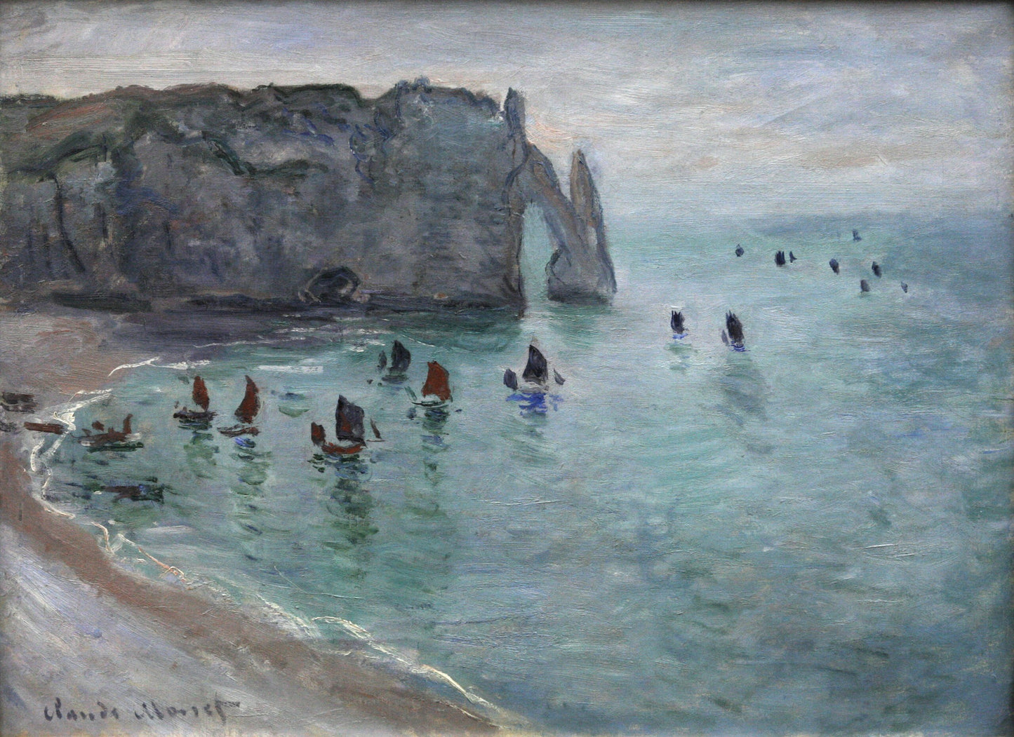 🖼️ Étretat, la Porte d’Aval – เรือประมงออกจากท่าเรือ – Claude Monet (ประมาณปี 1885)