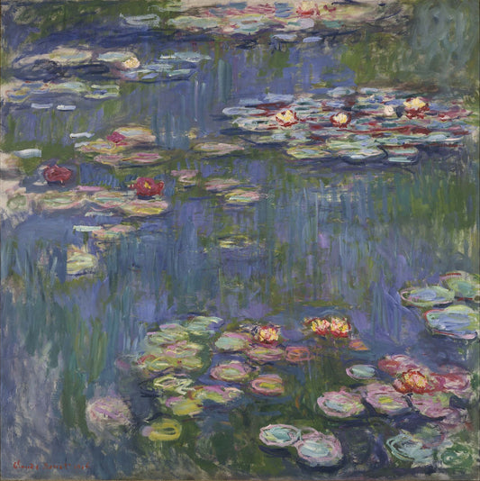 🌸 ดอกบัวสีน้ำเงินโทนร้อนแรง – Claude Monet