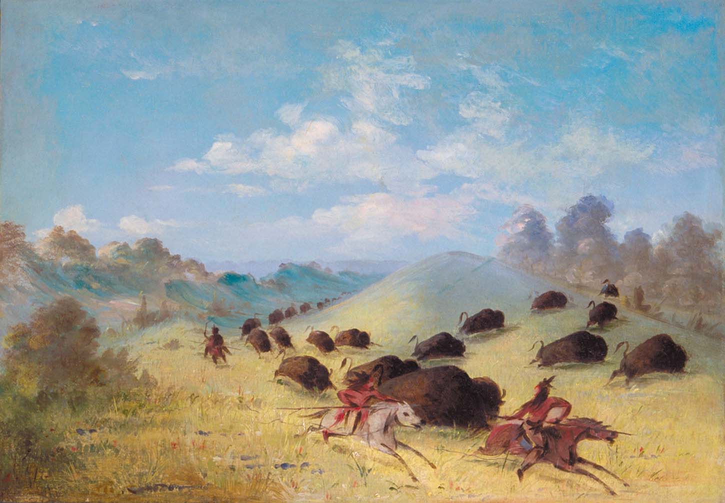 Les Indiens Comanches chassant le bison avec des lances et des arcs - George Catlin