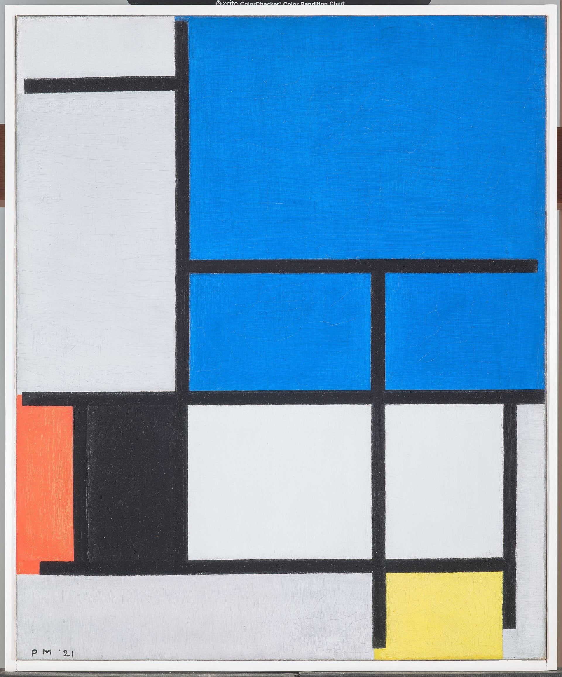 การจัดองค์ประกอบกับเครื่องบินขนาดใหญ่สีน้ำเงิน แดง ดำ เหลือง และเทา - Piet Mondrian