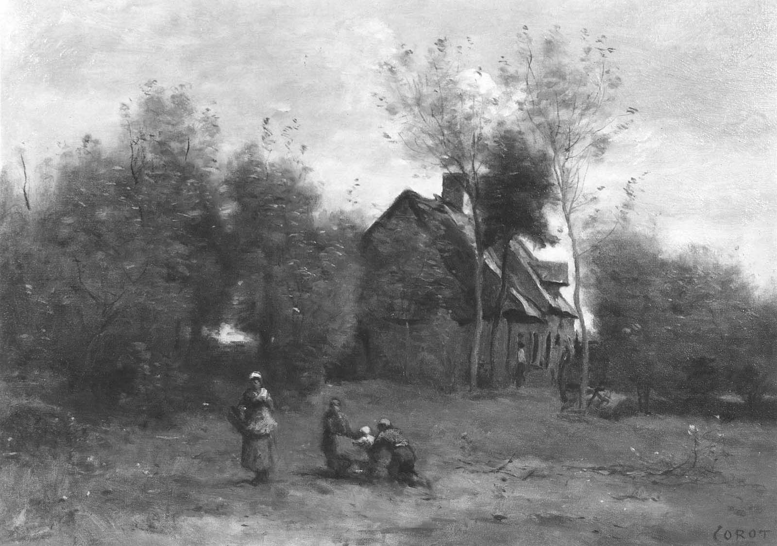Cour de ferme à Sin, près de Douai, avec des enfants qui jouent - Jean-Baptiste Camille Corot
