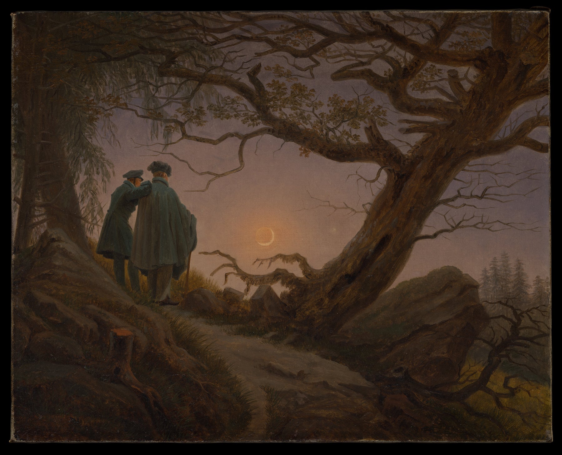 Deux hommes contemplant la lune, Caspar David Friedrich — reproduction de peinture à l’huile