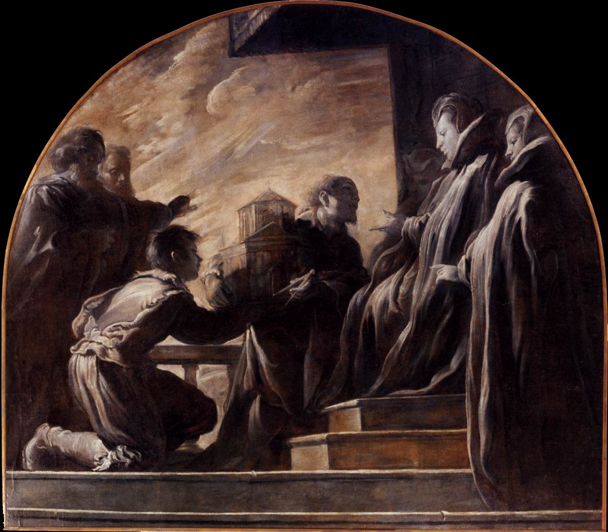 Marguerite de Gonzague recevant la maquette de l'église Sainte-Ursule - Domenico Fetti image 1 copie peinte à la main à l’huile