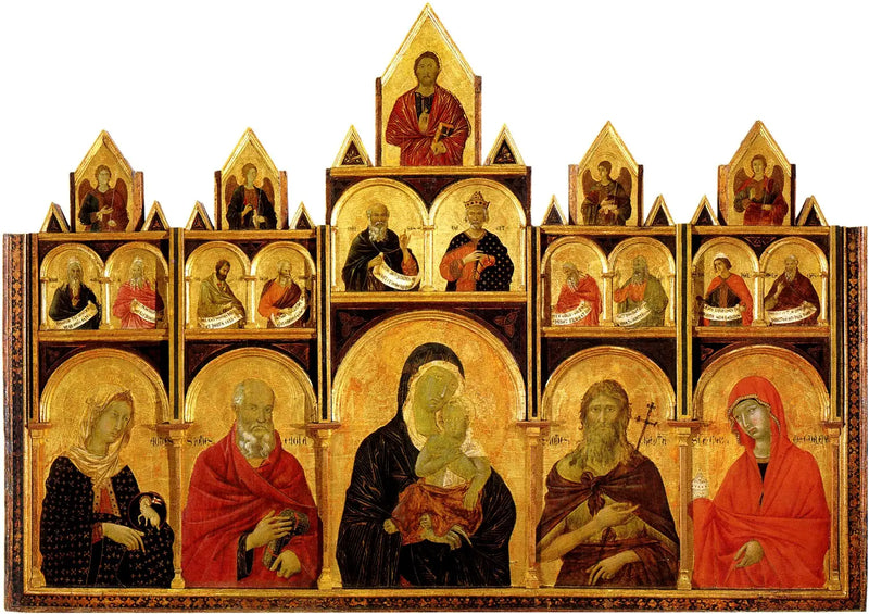 ภาพประกอบหลายตอนของพระแม่มารีย์กับพระเยซูและนักบุญ - Duccio di Buoninsegna