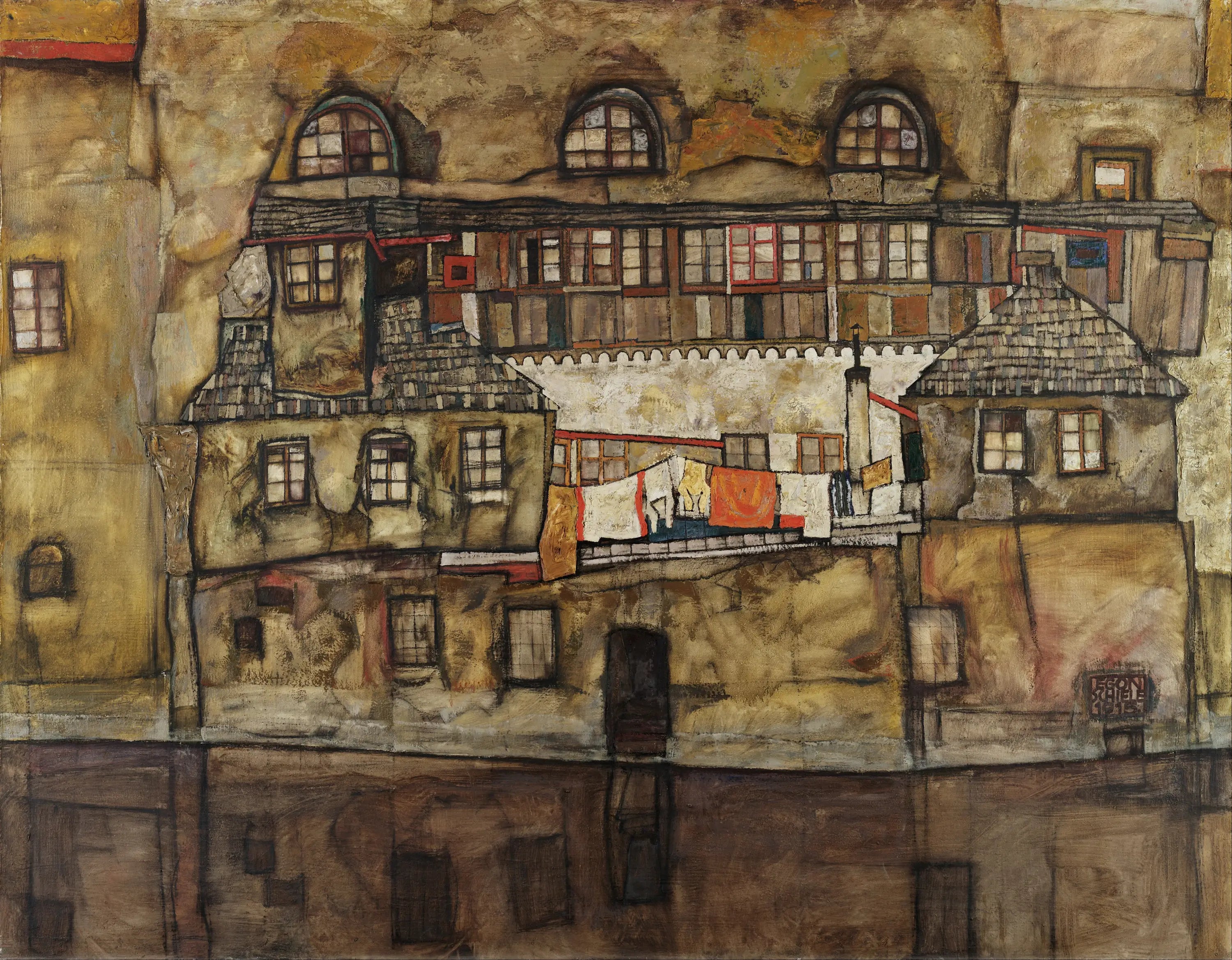 Reproduction du tableau « Mur de maison sur la rivière - Egon Schiele » par Alpha Reproduction en peinture à l’huile