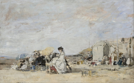 👒 สตรีในชุดขาวบนชายหาดทรูวิลล์ – Eugène Boudin (ประมาณ 1865–1870)