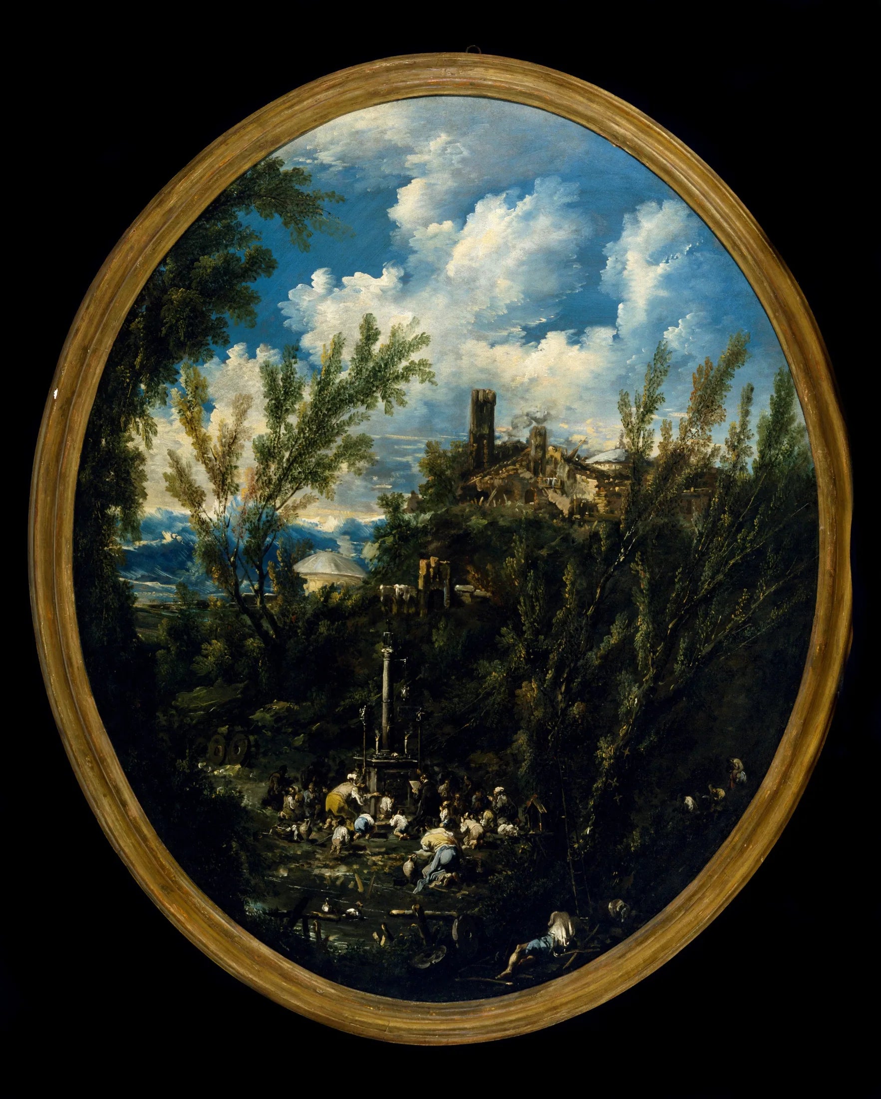 Des fidèles dans un sanctuaire situé dans un paysage montagneux - Alessandro Magnasco image 1 copie peinte à la main à l’huile