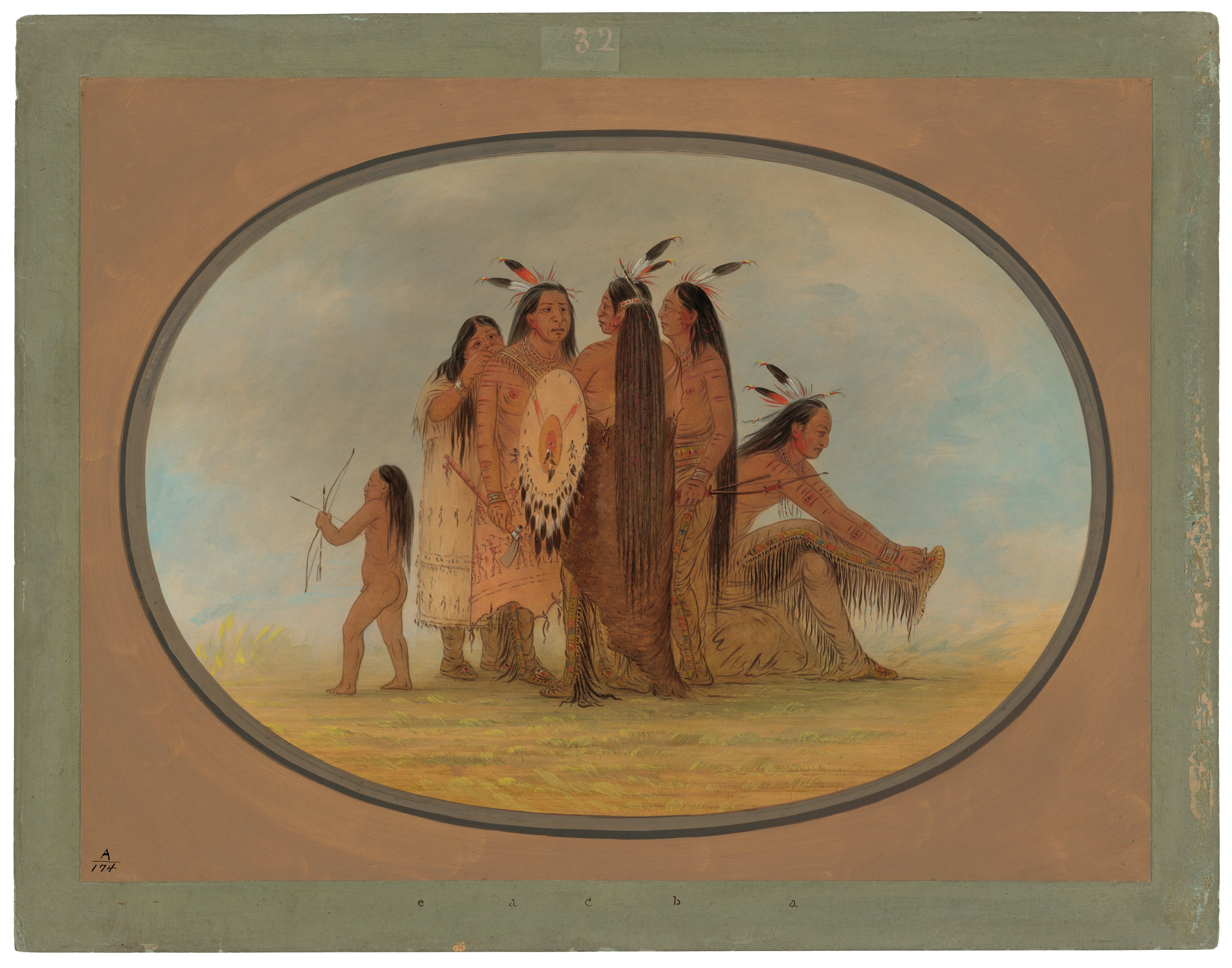 Quatre guerriers Mandan, une fille et un garçon - George Catlin