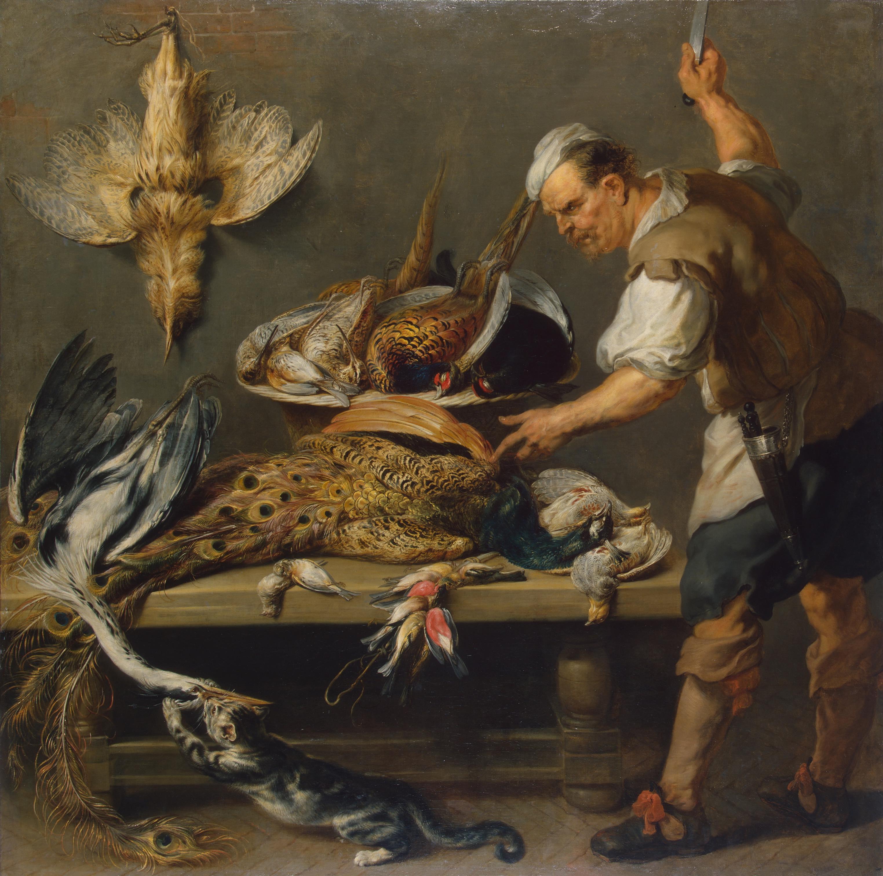 Cuisiner à une table de cuisine avec du gibier mort dessus - Frans Snyders
