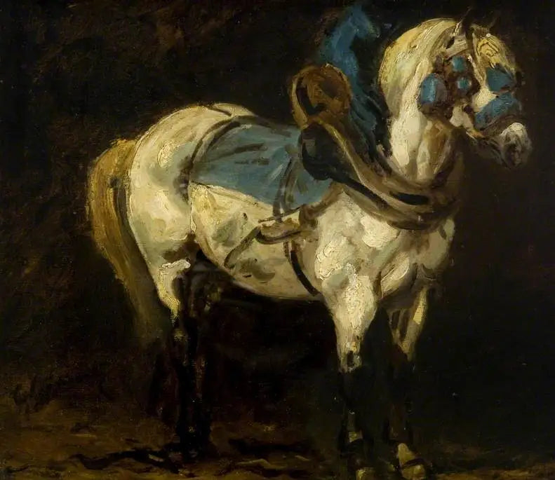 Reproduction du tableau « Chargeur gris harnaché de harnais bleus - Théodore Géricault » par Alpha Reproduction en peinture à l’huile