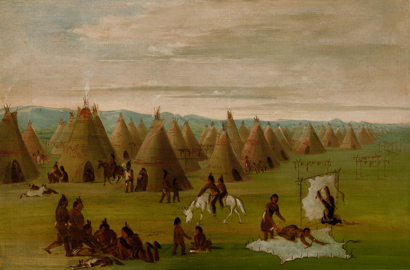 Village comanche, femmes en train de préparer leurs robes et de sécher la viande - George Catlin