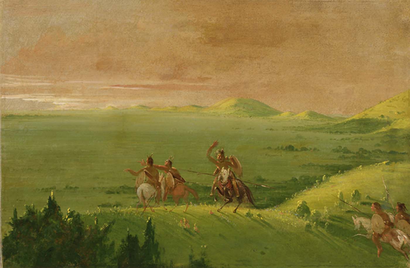 Groupe de guerre comanche, le chef découvre l'ennemi et exhorte ses hommes au lever du soleil - George Catlin