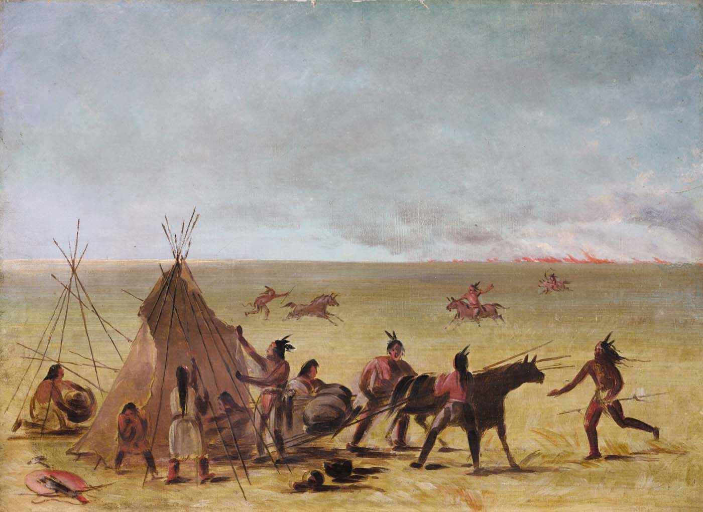 Une famille indienne alarmée par l'approche d'un incendie dans les prairies - George Catlin